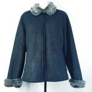 Outback Trading Black Floral Embossed Faux Fur Lined Short Jacket Size Large